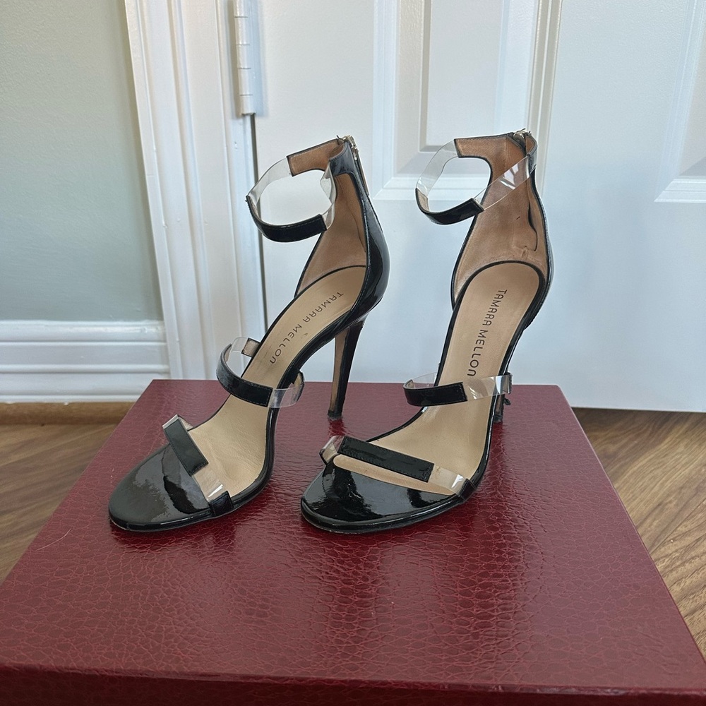 Trina Turk Black Patent Leather Heeled Sandals with Clear Straps